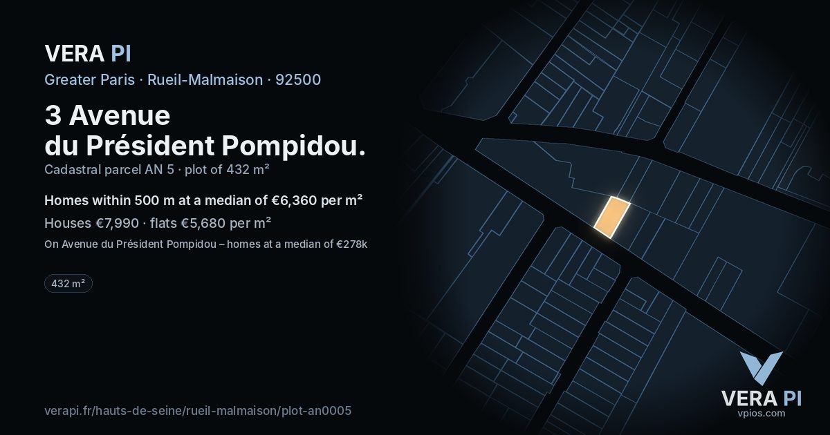 3 Avenue du Président Pompidou, Rueil-Malmaison at night – the plot lit, the parcels around coloured by the prices near them