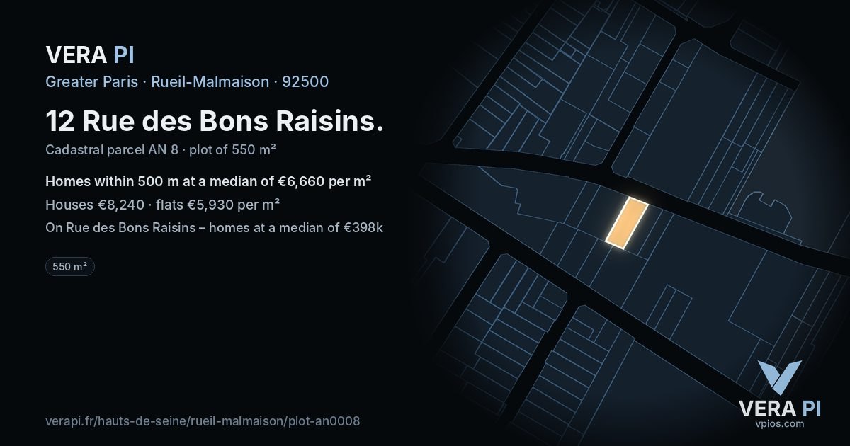 12 Rue des Bons Raisins, Rueil-Malmaison at night – the plot lit, the parcels around coloured by the prices near them
