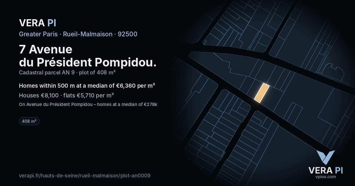 7 Avenue du Président Pompidou, Rueil-Malmaison at night – the plot lit, the parcels around coloured by the prices near them
