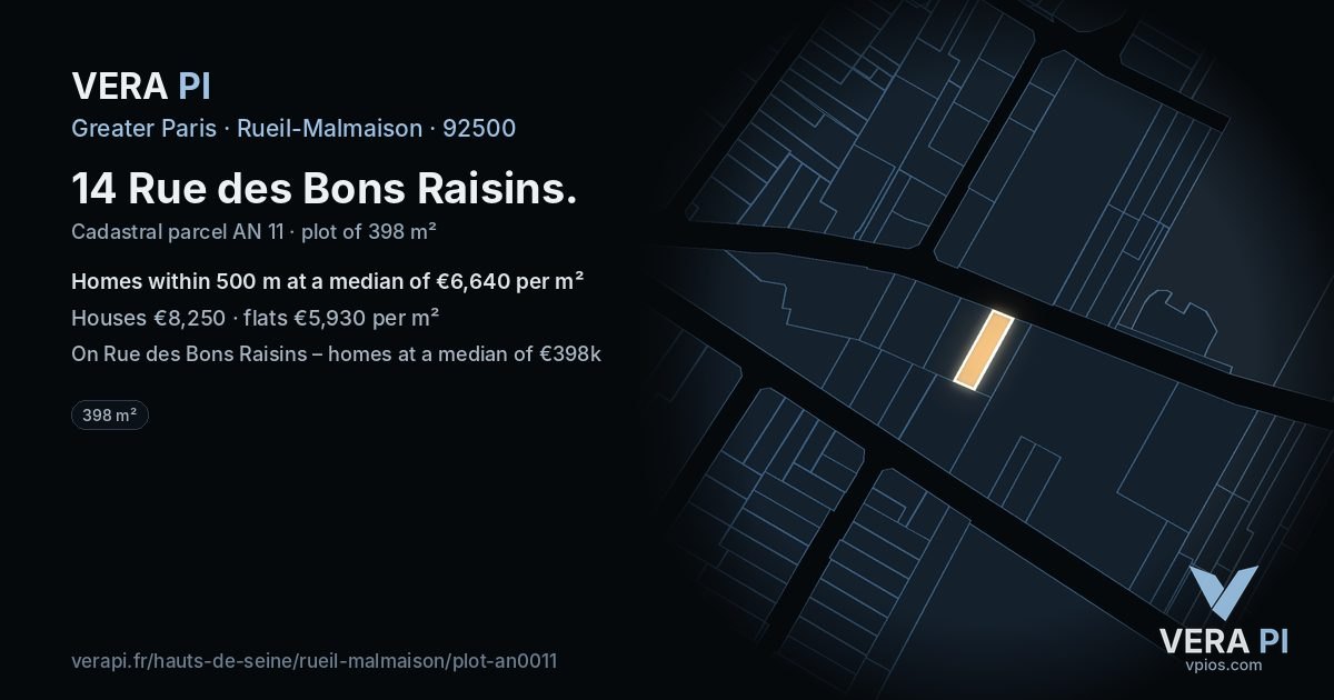 14 Rue des Bons Raisins, Rueil-Malmaison at night – the plot lit, the parcels around coloured by the prices near them