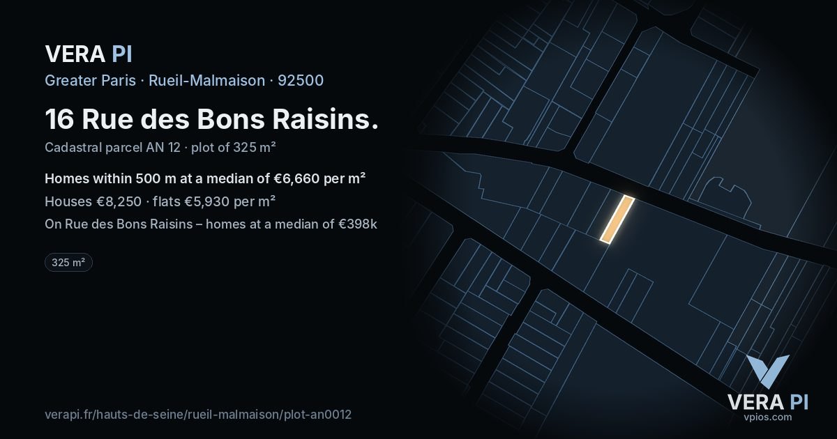 16 Rue des Bons Raisins, Rueil-Malmaison at night – the plot lit, the parcels around coloured by the prices near them