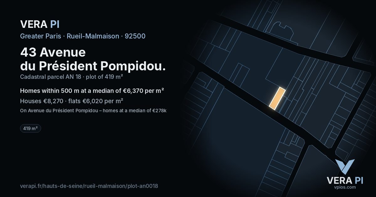 43 Avenue du Président Pompidou, Rueil-Malmaison at night – the plot lit, the parcels around coloured by the prices near them