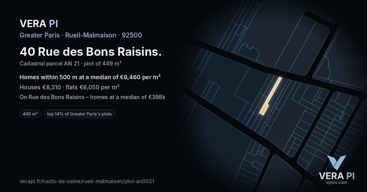 40 Rue des Bons Raisins, Rueil-Malmaison at night – the plot lit, the parcels around coloured by the prices near them