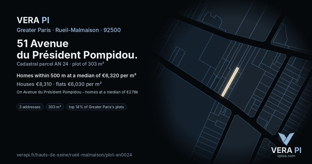 51 Avenue du Président Pompidou, Rueil-Malmaison at night – the plot lit, the parcels around coloured by the prices near them