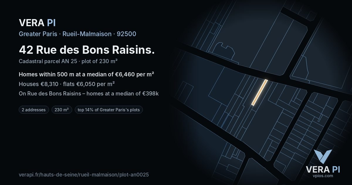 42 Rue des Bons Raisins, Rueil-Malmaison at night – the plot lit, the parcels around coloured by the prices near them
