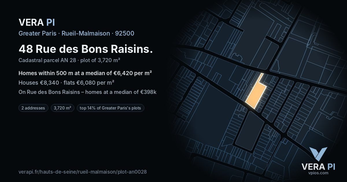 48 Rue des Bons Raisins, Rueil-Malmaison at night – the plot lit, the parcels around coloured by the prices near them