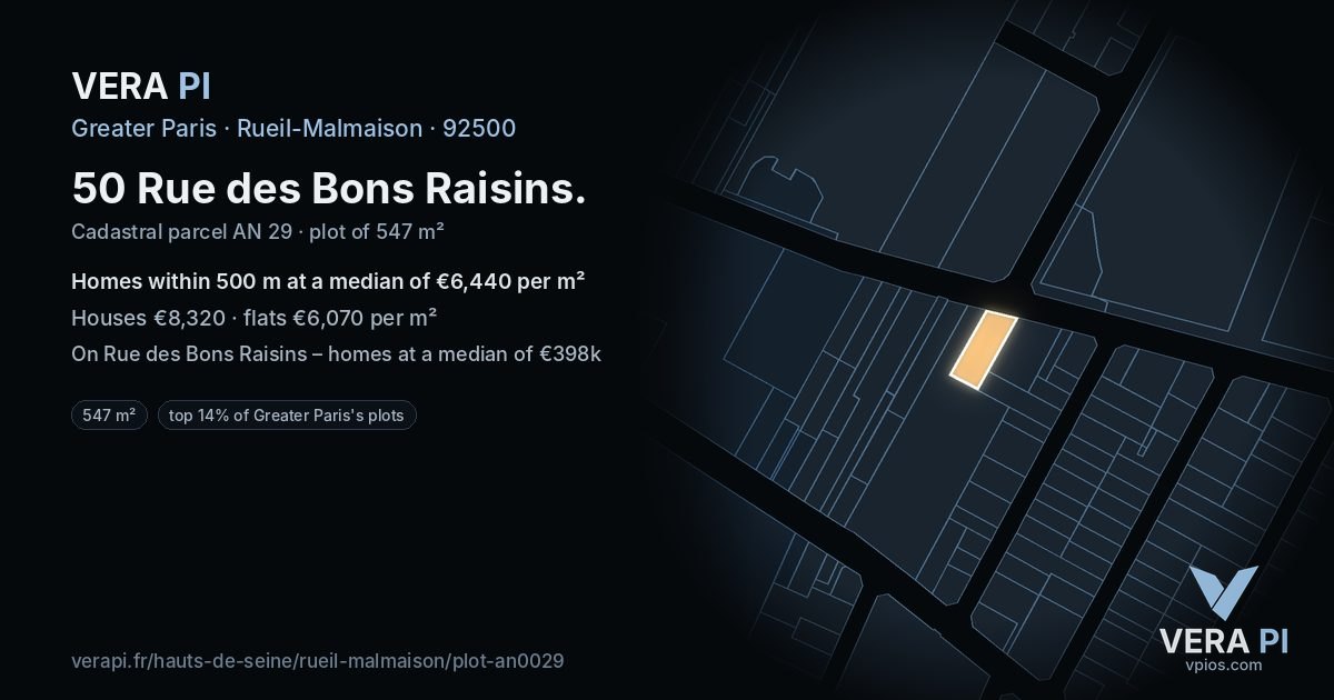 50 Rue des Bons Raisins, Rueil-Malmaison at night – the plot lit, the parcels around coloured by the prices near them