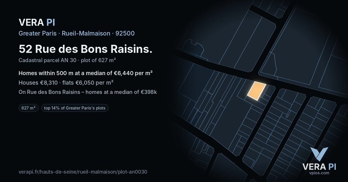 52 Rue des Bons Raisins, Rueil-Malmaison at night – the plot lit, the parcels around coloured by the prices near them
