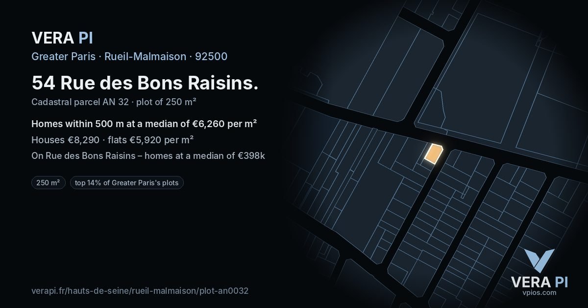 54 Rue des Bons Raisins, Rueil-Malmaison at night – the plot lit, the parcels around coloured by the prices near them
