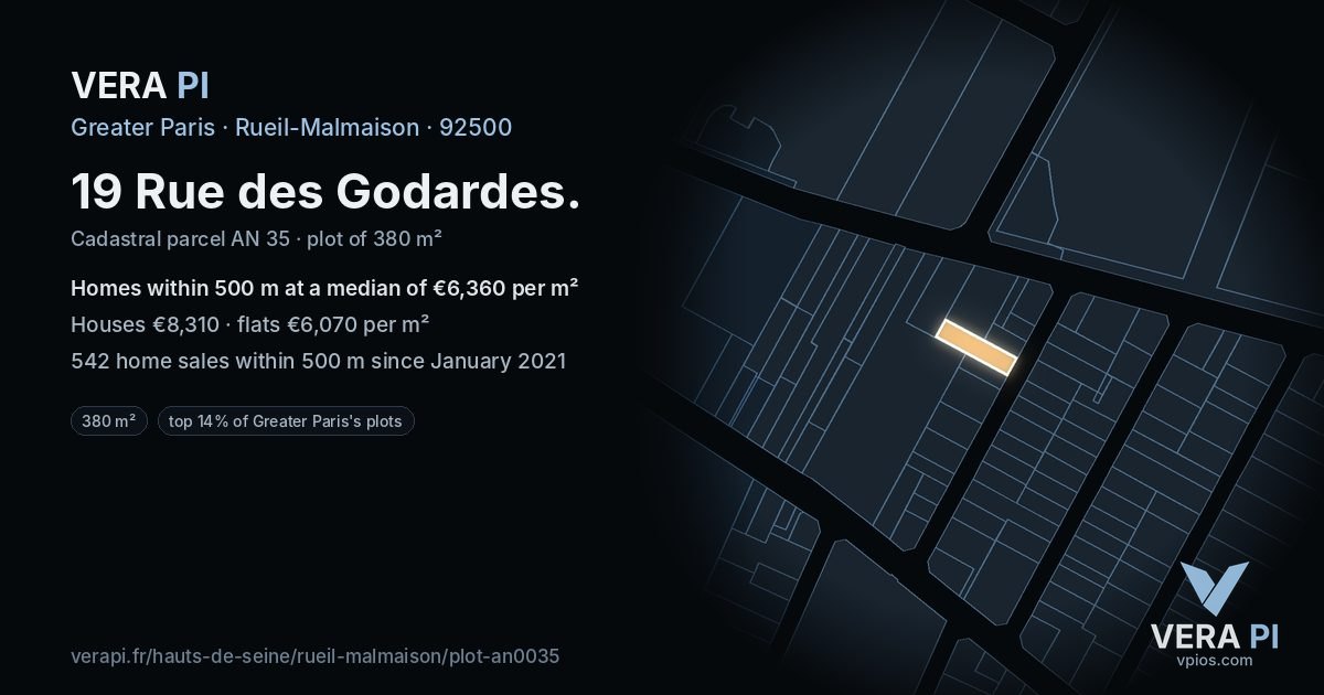 19 Rue des Godardes, Rueil-Malmaison at night – the plot lit, the parcels around coloured by the prices near them