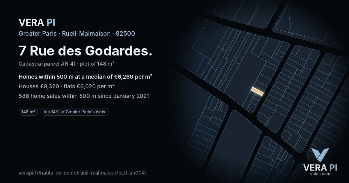 7 Rue des Godardes, Rueil-Malmaison at night – the plot lit, the parcels around coloured by the prices near them