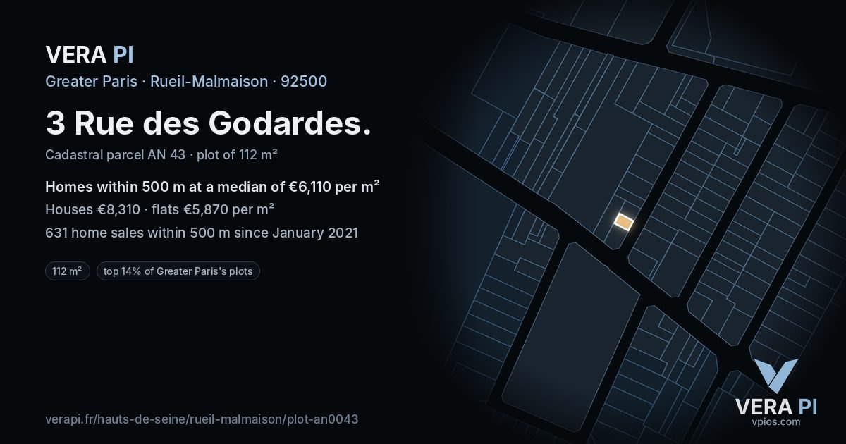 3 Rue des Godardes, Rueil-Malmaison at night – the plot lit, the parcels around coloured by the prices near them