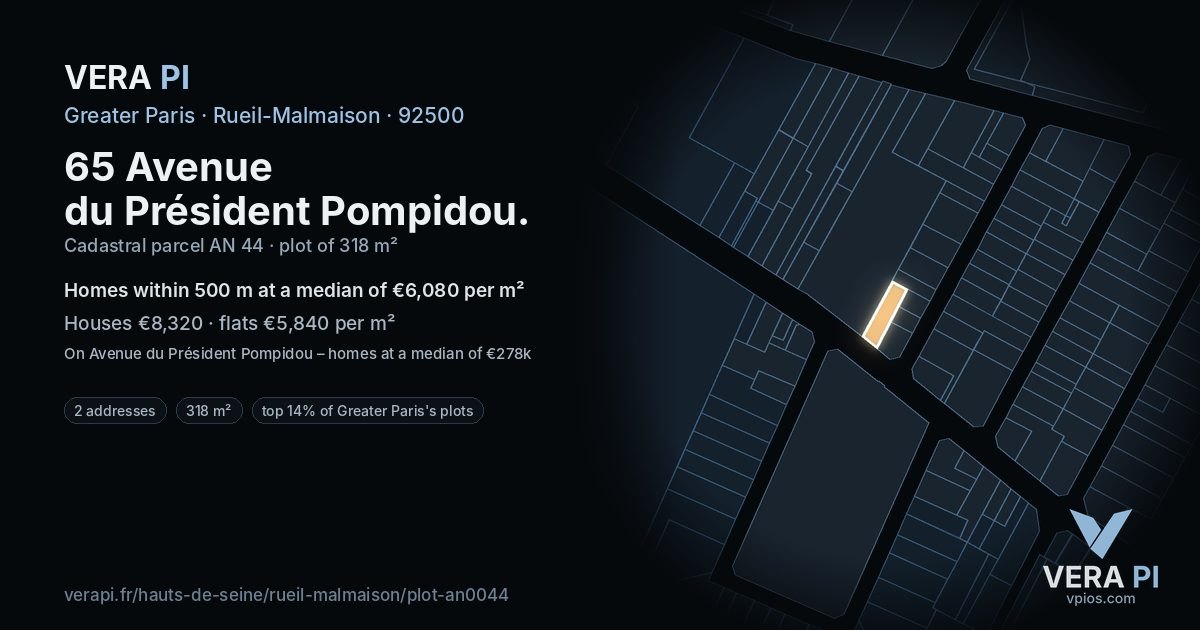 65 Avenue du Président Pompidou, Rueil-Malmaison at night – the plot lit, the parcels around coloured by the prices near them