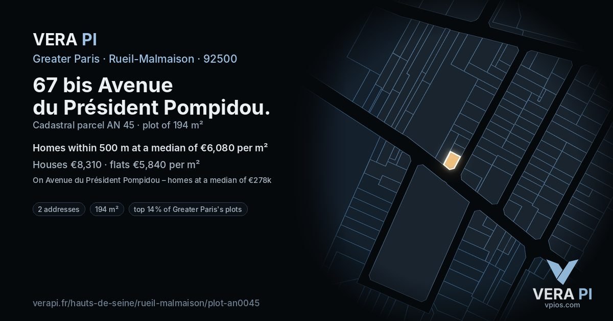 67 bis Avenue du Président Pompidou, Rueil-Malmaison at night – the plot lit, the parcels around coloured by the prices near them
