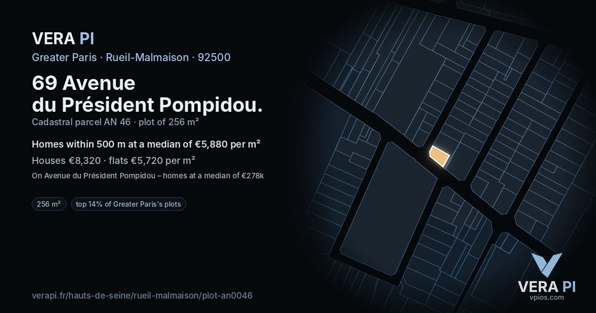 69 Avenue du Président Pompidou, Rueil-Malmaison at night – the plot lit, the parcels around coloured by the prices near them