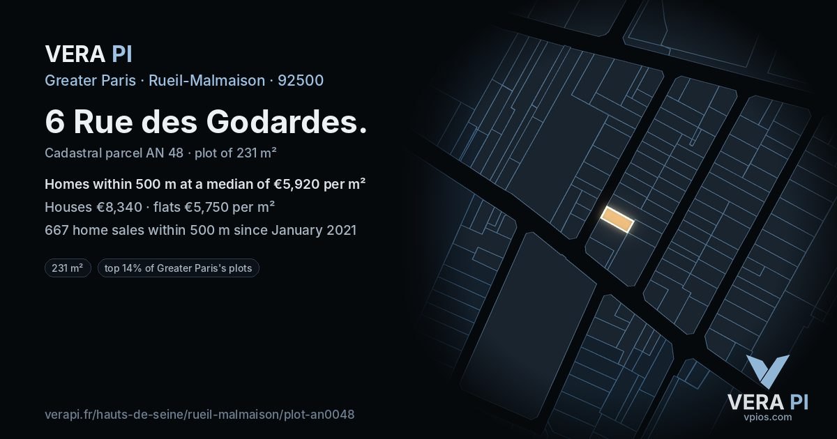 6 Rue des Godardes, Rueil-Malmaison at night – the plot lit, the parcels around coloured by the prices near them