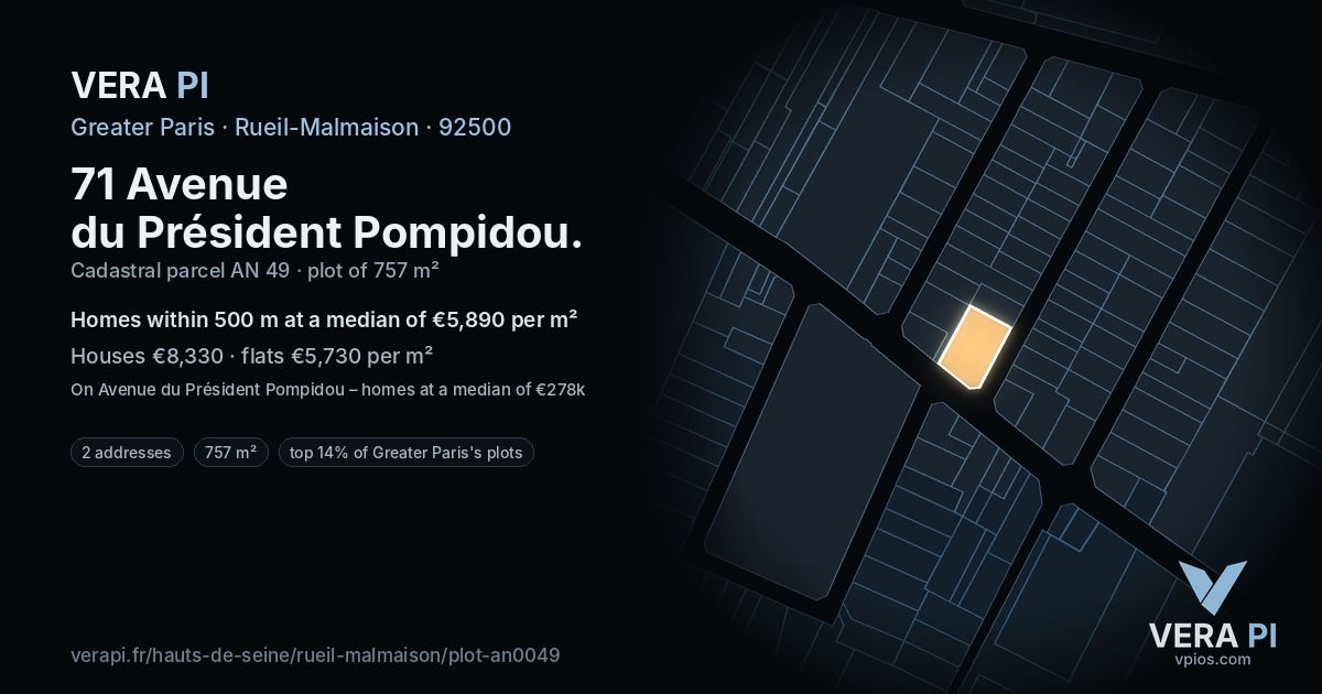 71 Avenue du Président Pompidou, Rueil-Malmaison at night – the plot lit, the parcels around coloured by the prices near them