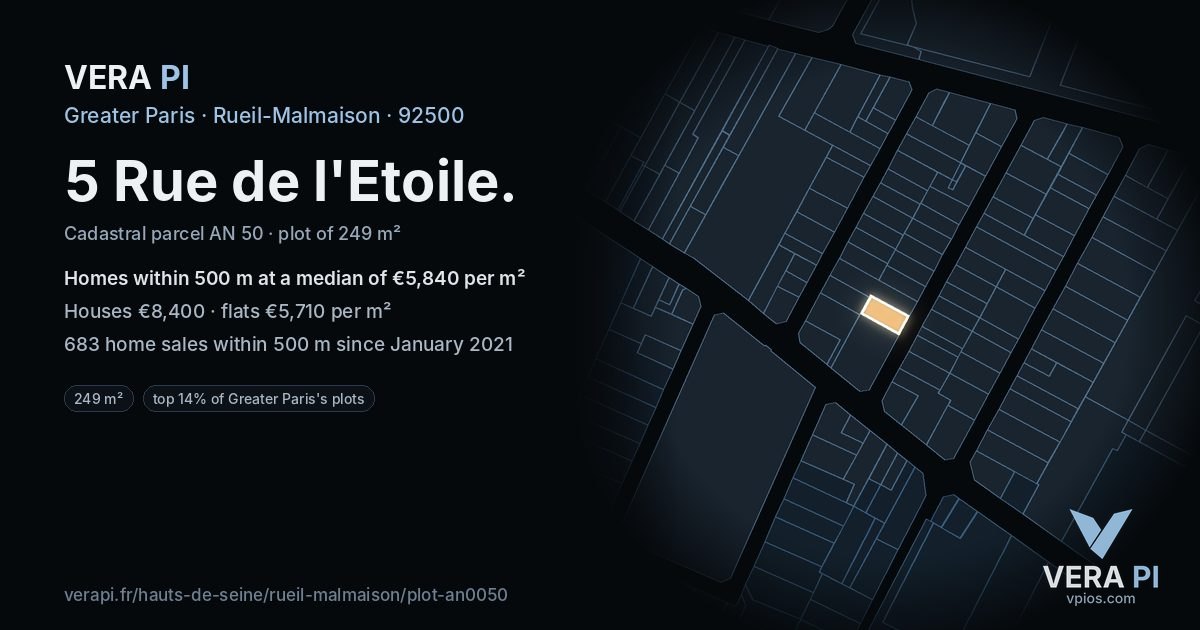 5 Rue de l'Etoile, Rueil-Malmaison at night – the plot lit, the parcels around coloured by the prices near them