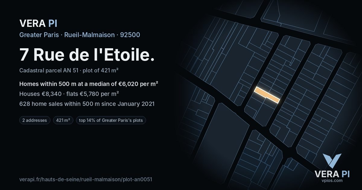 7 Rue de l'Etoile, Rueil-Malmaison at night – the plot lit, the parcels around coloured by the prices near them
