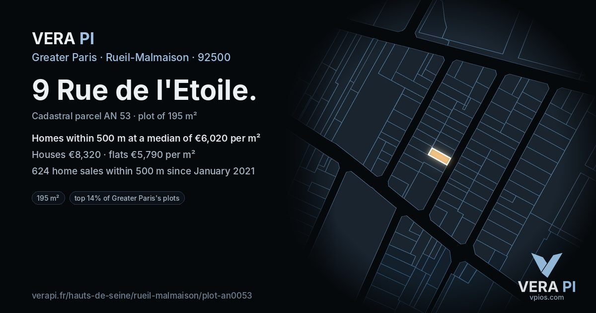 9 Rue de l'Etoile, Rueil-Malmaison at night – the plot lit, the parcels around coloured by the prices near them