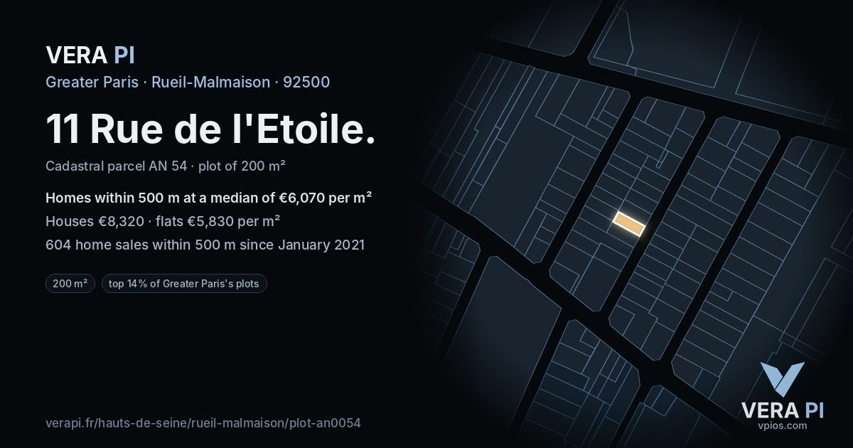 11 Rue de l'Etoile, Rueil-Malmaison at night – the plot lit, the parcels around coloured by the prices near them