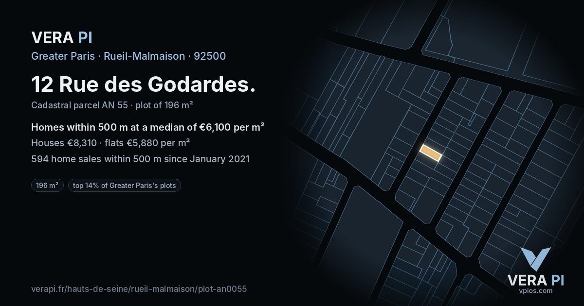 12 Rue des Godardes, Rueil-Malmaison at night – the plot lit, the parcels around coloured by the prices near them