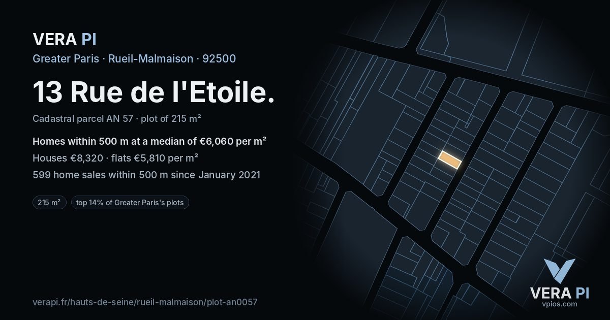 13 Rue de l'Etoile, Rueil-Malmaison at night – the plot lit, the parcels around coloured by the prices near them