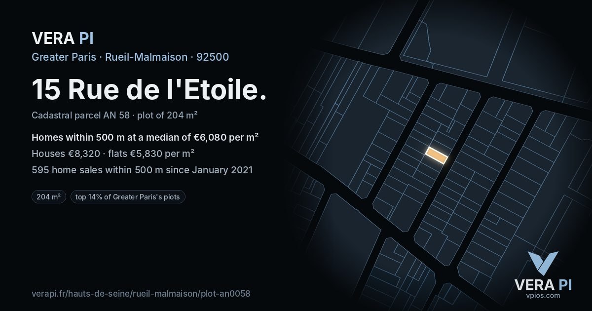 15 Rue de l'Etoile, Rueil-Malmaison at night – the plot lit, the parcels around coloured by the prices near them