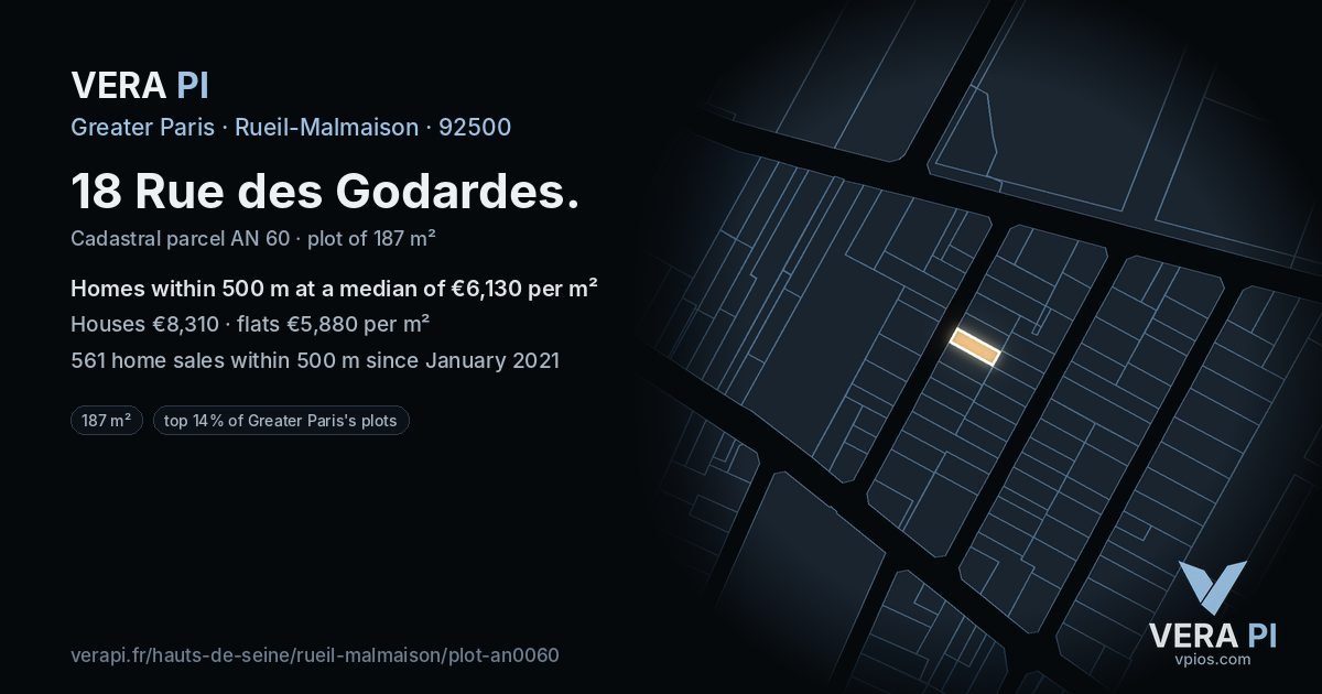 18 Rue des Godardes, Rueil-Malmaison at night – the plot lit, the parcels around coloured by the prices near them