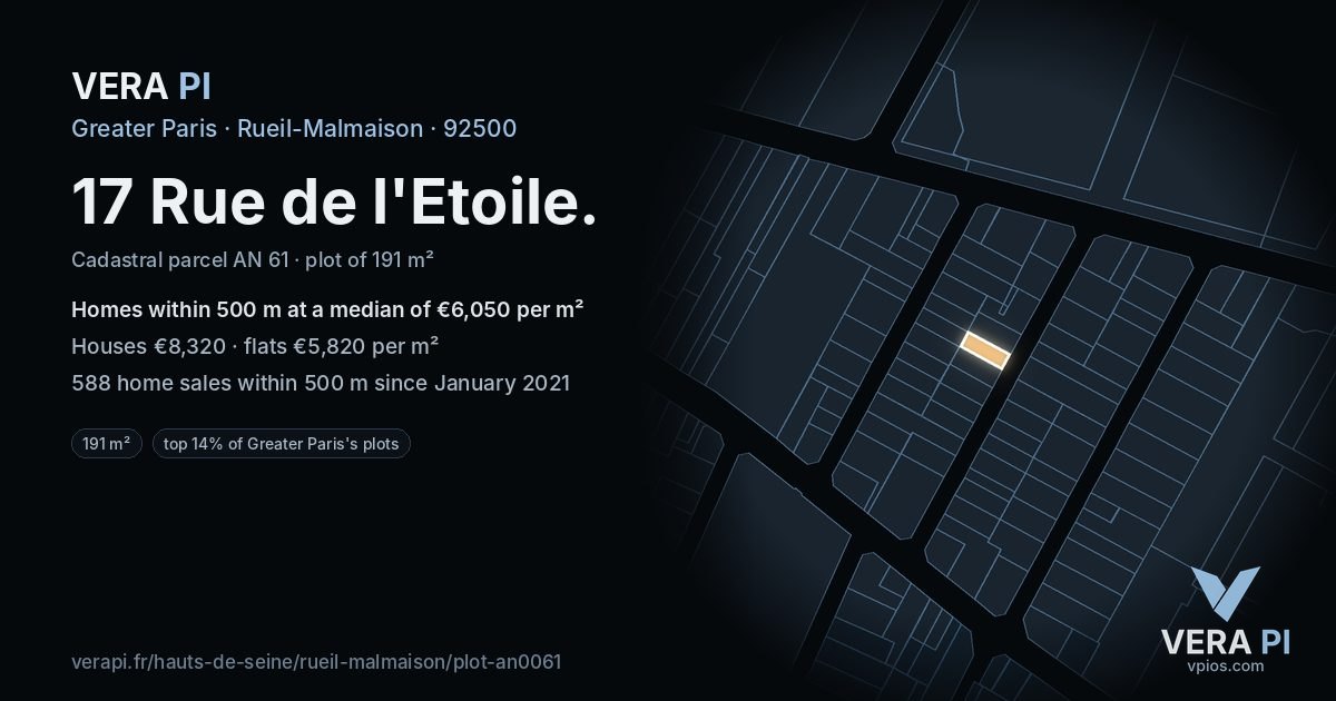 17 Rue de l'Etoile, Rueil-Malmaison at night – the plot lit, the parcels around coloured by the prices near them