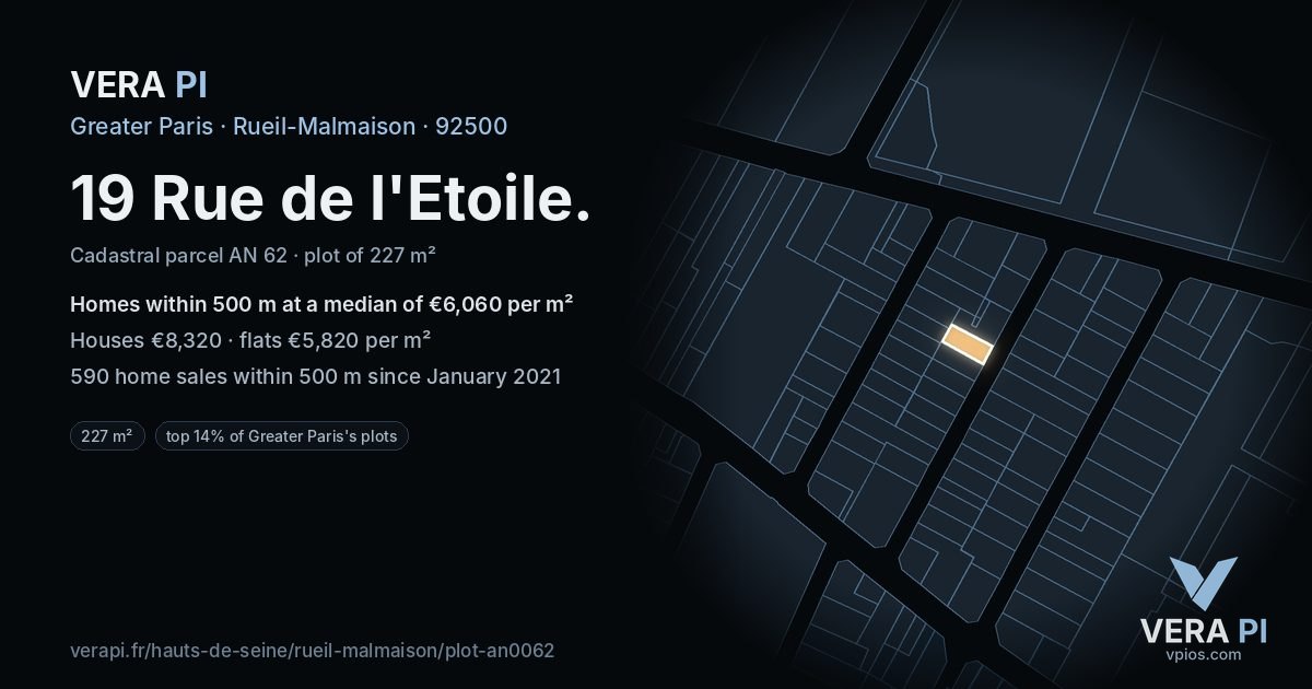 19 Rue de l'Etoile, Rueil-Malmaison at night – the plot lit, the parcels around coloured by the prices near them