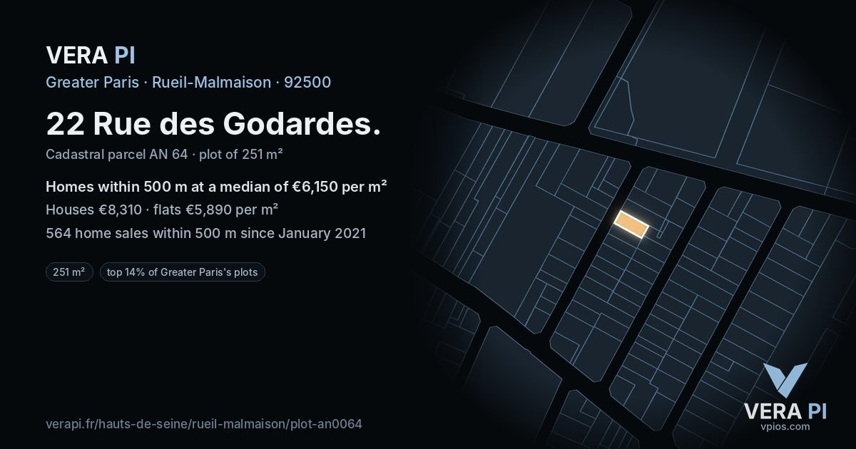 22 Rue des Godardes, Rueil-Malmaison at night – the plot lit, the parcels around coloured by the prices near them