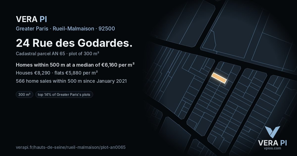 24 Rue des Godardes, Rueil-Malmaison at night – the plot lit, the parcels around coloured by the prices near them