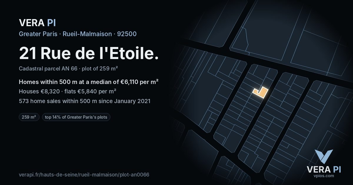 21 Rue de l'Etoile, Rueil-Malmaison at night – the plot lit, the parcels around coloured by the prices near them