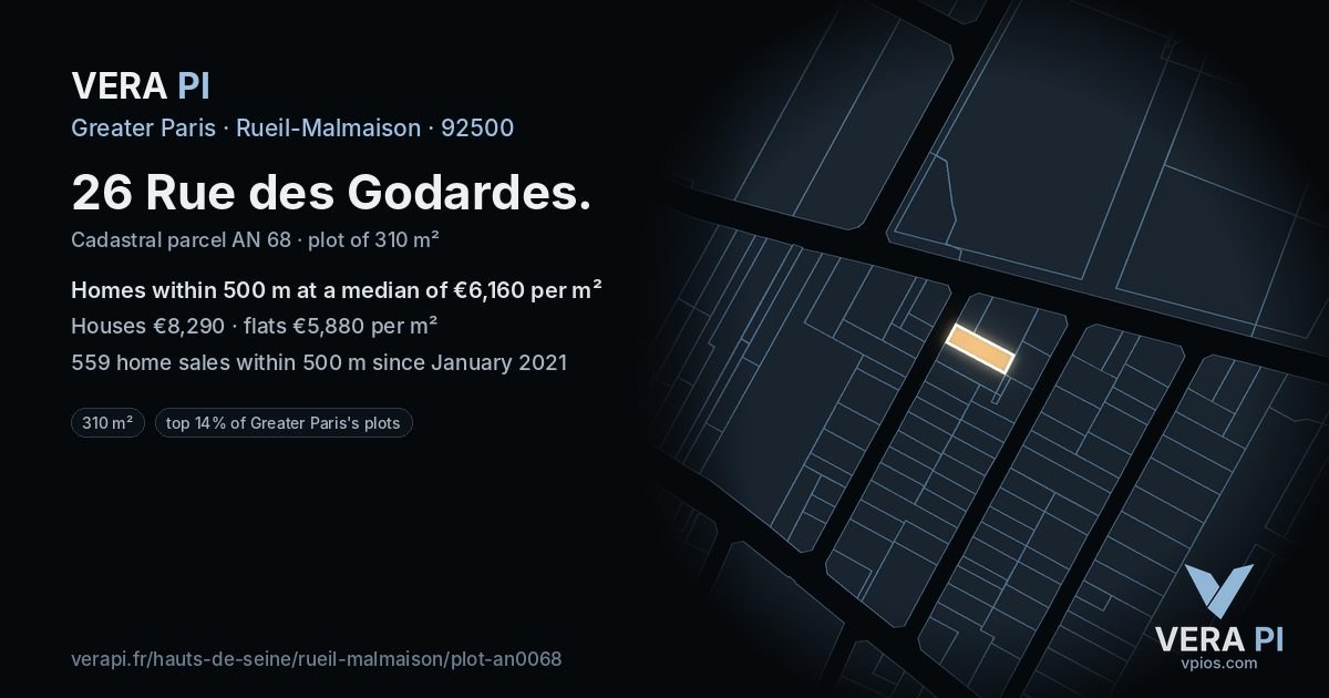 26 Rue des Godardes, Rueil-Malmaison at night – the plot lit, the parcels around coloured by the prices near them