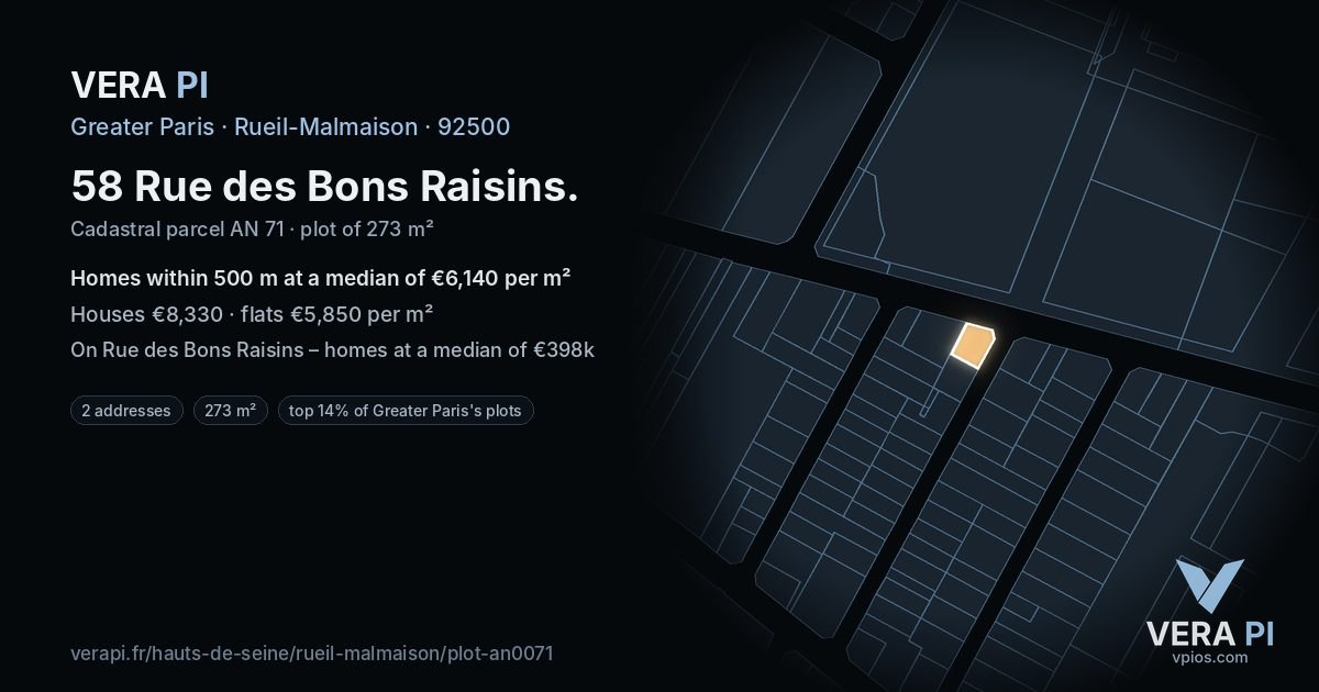 58 Rue des Bons Raisins, Rueil-Malmaison at night – the plot lit, the parcels around coloured by the prices near them