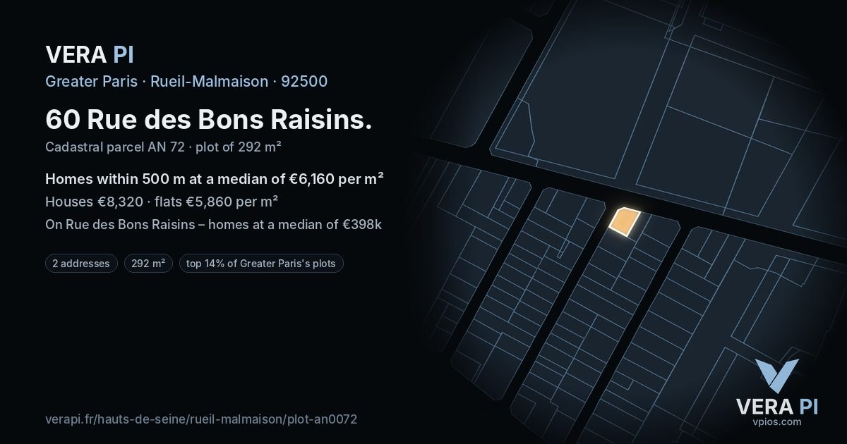 60 Rue des Bons Raisins, Rueil-Malmaison at night – the plot lit, the parcels around coloured by the prices near them