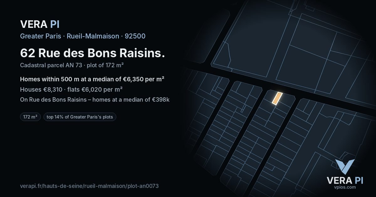 62 Rue des Bons Raisins, Rueil-Malmaison at night – the plot lit, the parcels around coloured by the prices near them