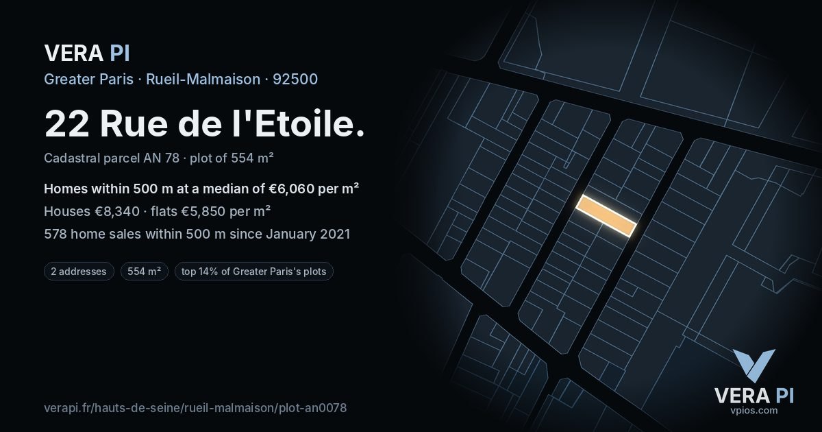 22 Rue de l'Etoile, Rueil-Malmaison at night – the plot lit, the parcels around coloured by the prices near them