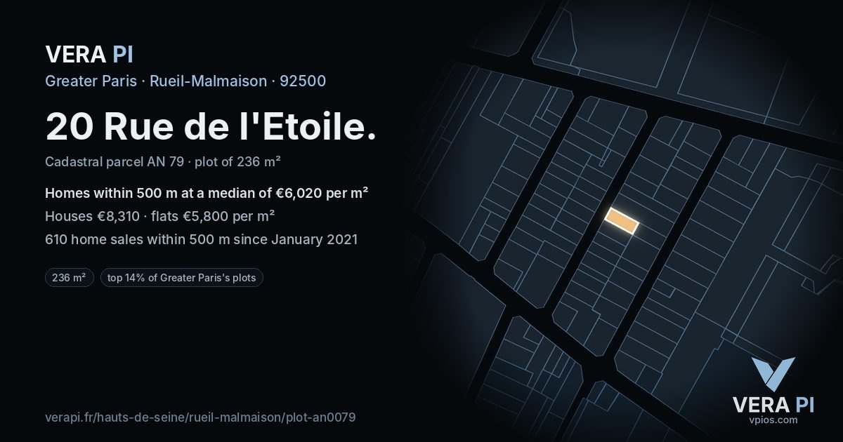 20 Rue de l'Etoile, Rueil-Malmaison at night – the plot lit, the parcels around coloured by the prices near them