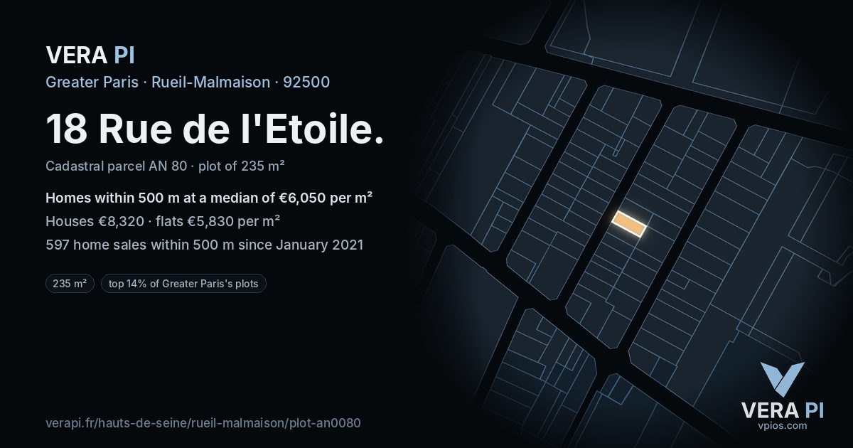 18 Rue de l'Etoile, Rueil-Malmaison at night – the plot lit, the parcels around coloured by the prices near them