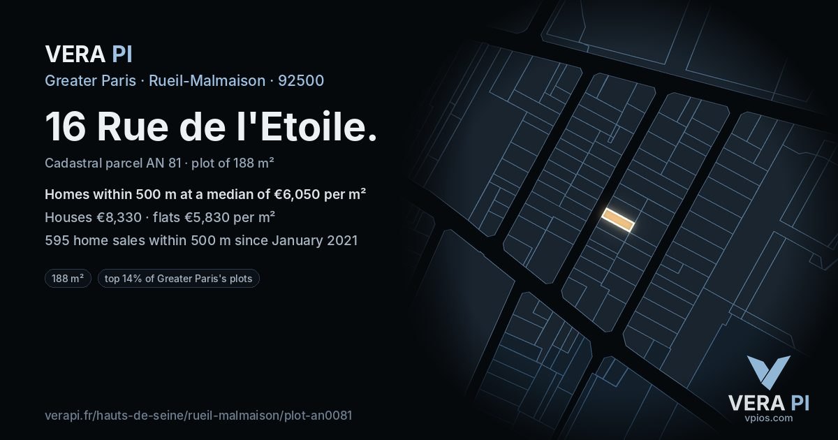 16 Rue de l'Etoile, Rueil-Malmaison at night – the plot lit, the parcels around coloured by the prices near them