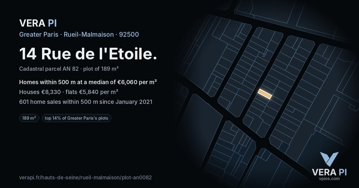 14 Rue de l'Etoile, Rueil-Malmaison at night – the plot lit, the parcels around coloured by the prices near them