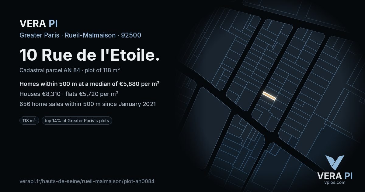 10 Rue de l'Etoile, Rueil-Malmaison at night – the plot lit, the parcels around coloured by the prices near them