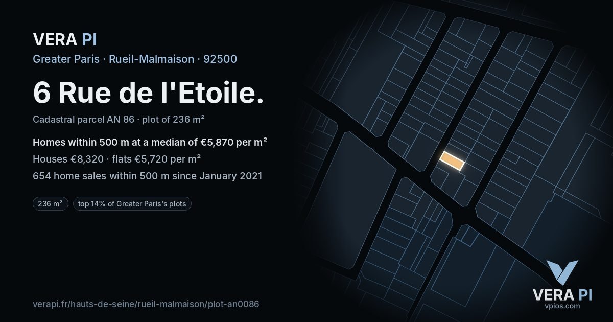 6 Rue de l'Etoile, Rueil-Malmaison at night – the plot lit, the parcels around coloured by the prices near them