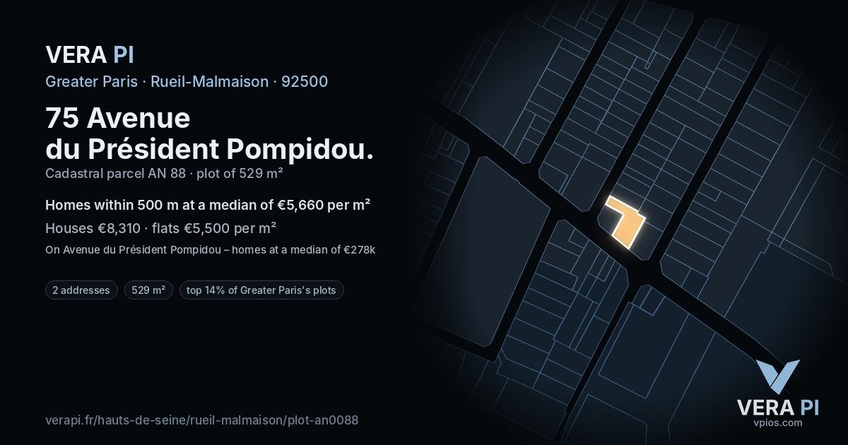 75 Avenue du Président Pompidou, Rueil-Malmaison at night – the plot lit, the parcels around coloured by the prices near them