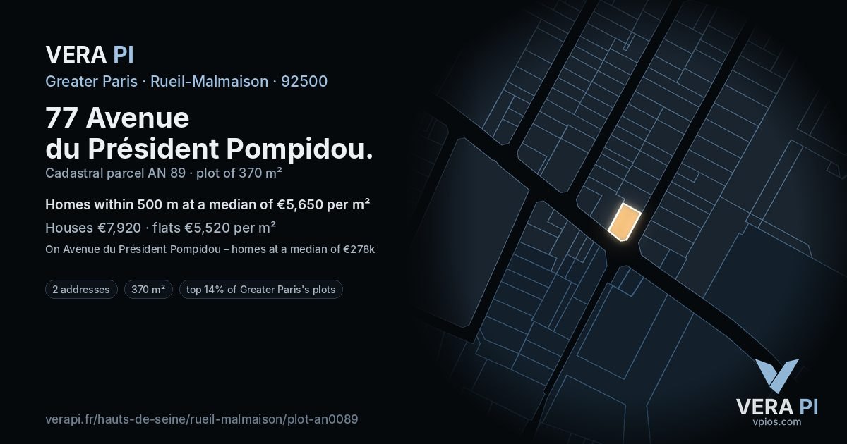 77 Avenue du Président Pompidou, Rueil-Malmaison at night – the plot lit, the parcels around coloured by the prices near them