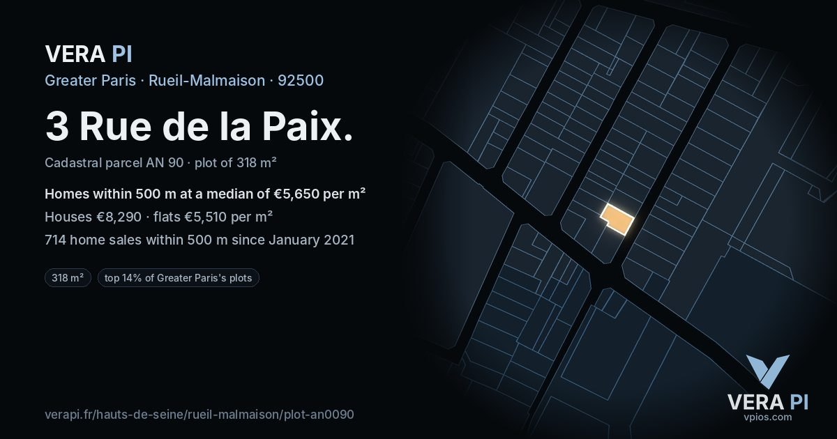 3 Rue de la Paix, Rueil-Malmaison at night – the plot lit, the parcels around coloured by the prices near them