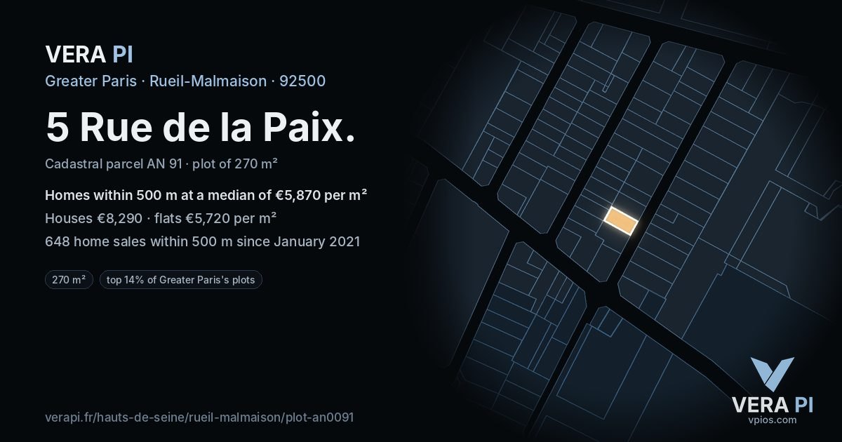 5 Rue de la Paix, Rueil-Malmaison at night – the plot lit, the parcels around coloured by the prices near them