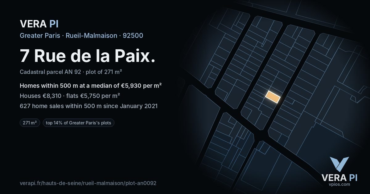 7 Rue de la Paix, Rueil-Malmaison at night – the plot lit, the parcels around coloured by the prices near them